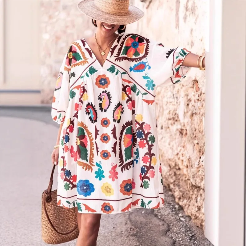 Women Fashion Print Midi Dresses 2025 Summer New Boho Loose Casual Vacation Dress Lantern Sleeve Sweet Patchwork Party Dress
Women Fashion Print Midi Dresses 2025 Summer New Boho Loose Casual Vacation Dress Lantern Sleeve Sweet Patchwork Party Dress