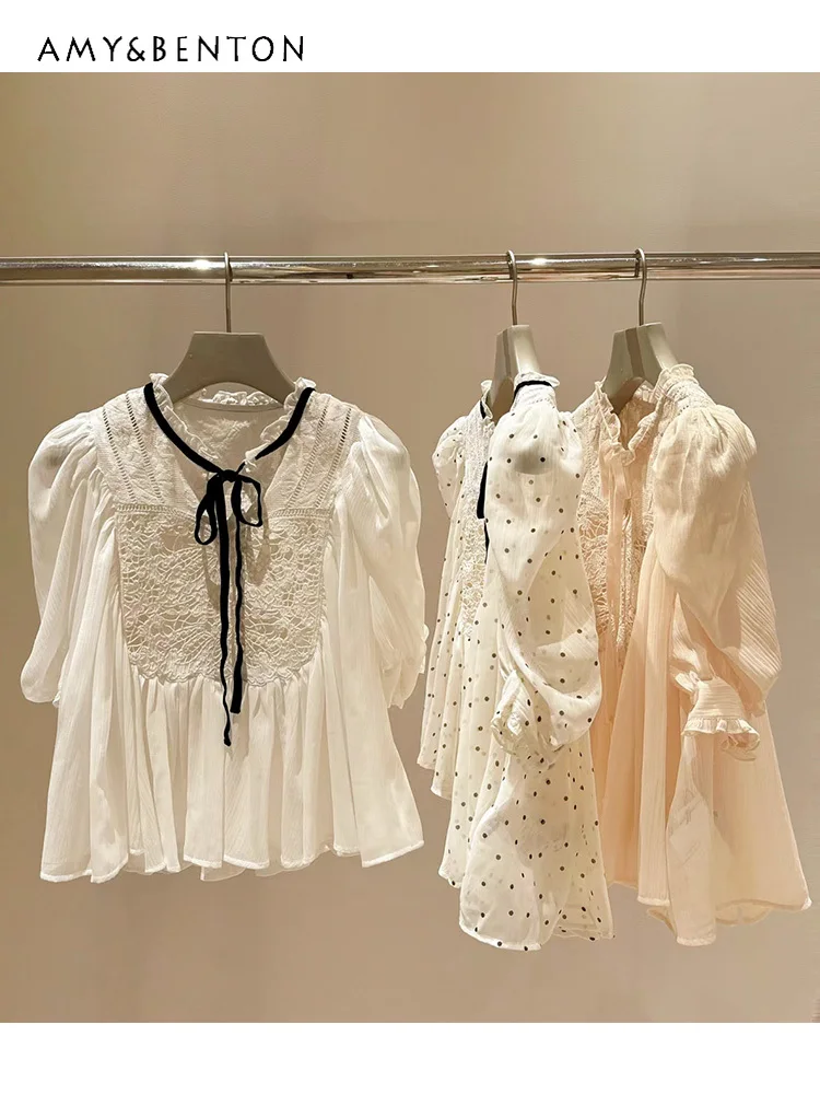 Summer New Sweet Puff Sleeve Lace Bow Hollow Lace Chiffon Shirt French Temperament Socialite Round Neck Short Sleeve Shirt Women
Summer New Sweet Puff Sleeve Lace Bow Hollow Lace Chiffon Shirt French Temperament Socialite Round Neck Short Sleeve Shirt Women