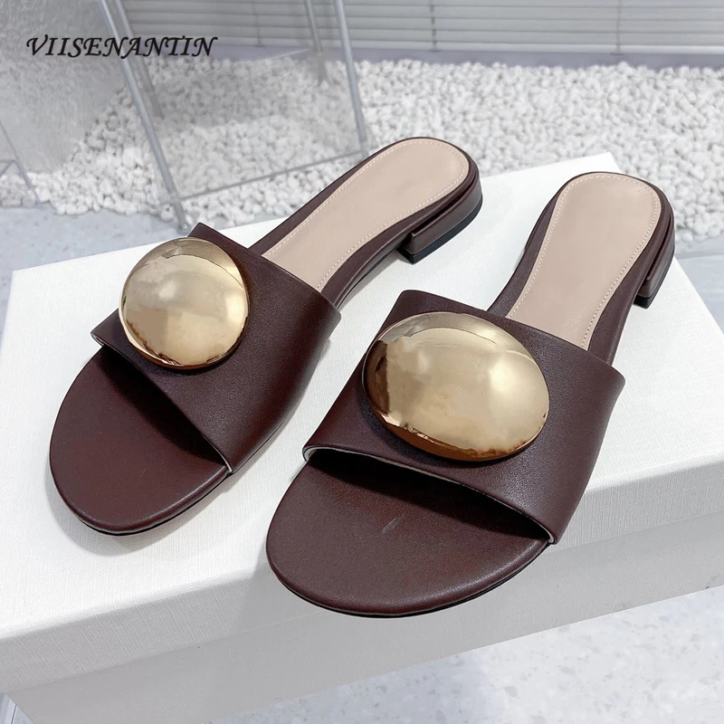 Big Metal Buckle Decor Flats Slippers Women Sandals Fashion Round Toe Leisure Style Beach Slides Real Leather Basic Summer Shoes 
Big Metal Buckle Decor Flats Slippers Women Sandals Fashion Round Toe Leisure Style Beach Slides Real Leather Basic Summer Shoes