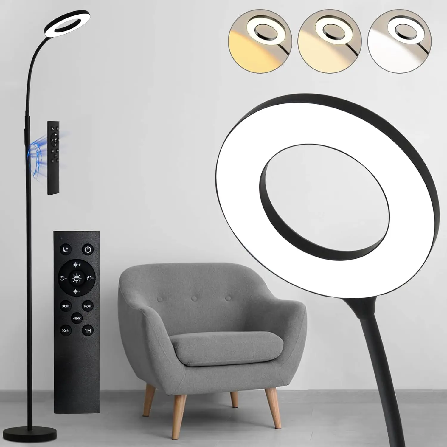 Floor Lamp, LED Reading Light, Adjustable Brightness & 3 Color Temperatures, Gooseneck Standing Lamp with Remote & Touch Control
Floor Lamp, LED Reading Light, Adjustable Brightness & 3 Color Temperatures, Gooseneck Standing Lamp with Remote & Touch Control
