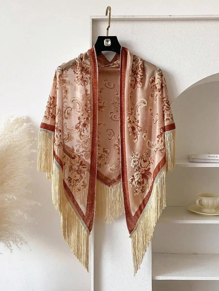 1pc Women Floral Printed Flocked Triangle Scarf With Tassels, Suitable For Casual And Street Wear Matching For Dress
1pc Women Floral Printed Flocked Triangle Scarf With Tassels, Suitable For Casual And Street Wear Matching For Dress