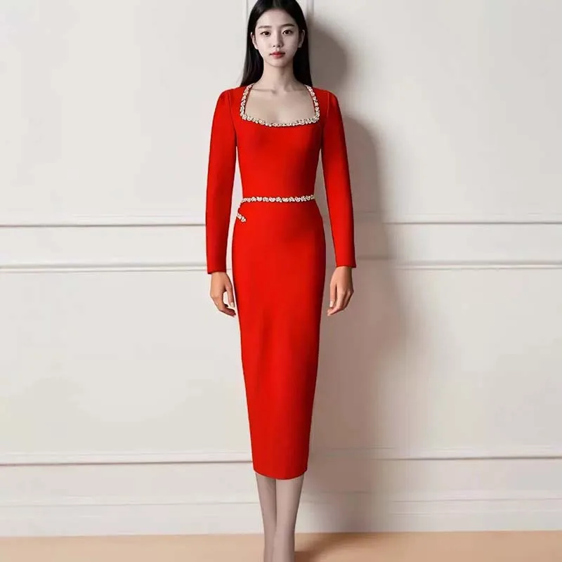 Elegant Long Sleeve Square Collar Dress Luxury Embellished Diamond Cross-Border New Style Middle Waist Polyester Spring Dress
Elegant Long Sleeve Square Collar Dress Luxury Embellished Diamond Cross-Border New Style Middle Waist Polyester Spring Dress