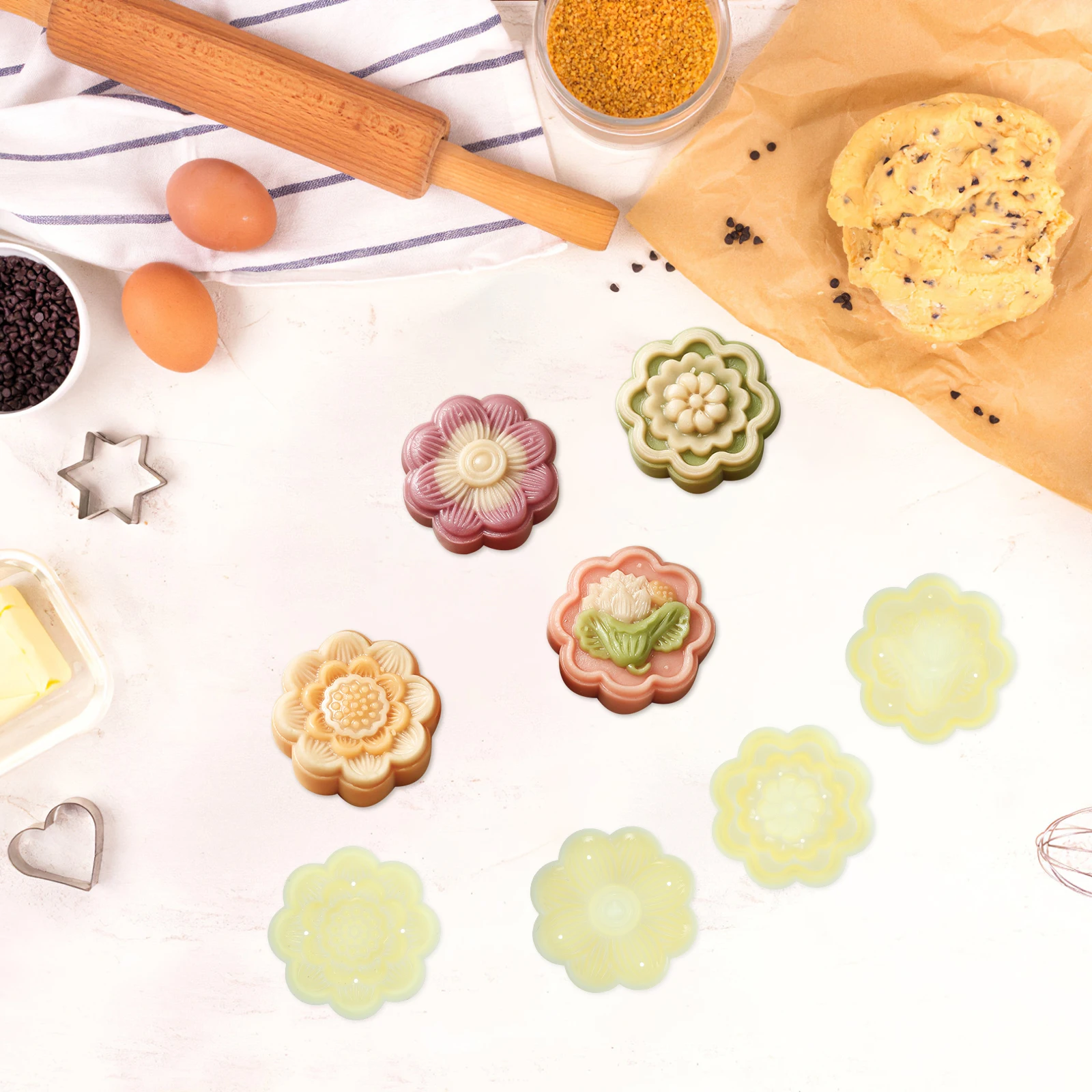 1 set Moon Cake Molds Chinese Style Hand Press Flower Shape Baking Tools Mid-Autumn Festival Green Bean Cake Maker Plastic Mold
1 set Moon Cake Molds Chinese Style Hand Press Flower Shape Baking Tools Mid-Autumn Festival Green Bean Cake Maker Plastic Mold
