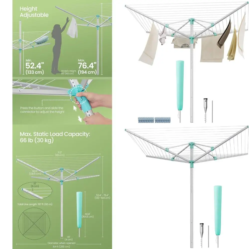 Adjustable Height Outdoor Clothesline Rack, 197ft Long, Holds 6 Loads, Garden-Friendly, Ground Spike Included, Silver & Green UL
Adjustable Height Outdoor Clothesline Rack, 197ft Long, Holds 6 Loads, Garden-Friendly, Ground Spike Included, Silver & Green UL