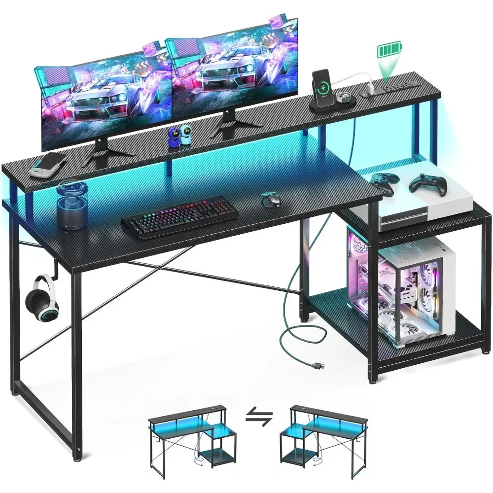 Computer Desk, 56 Inch Gaming Desk with Led Lights & Power Outlet, Office Desk with Printer Storage Shelves, Reversible Desk wi
Computer Desk, 56 Inch Gaming Desk with Led Lights & Power Outlet, Office Desk with Printer Storage Shelves, Reversible Desk wi