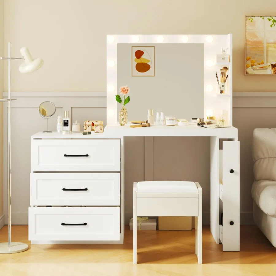 55.2 Vanity Desk with Freely Adjustable Side Cabinet Makeup Vanity with Hollywood Lights 5 Storage Drawers 2shelves Modern Dres
55.2 Vanity Desk with Freely Adjustable Side Cabinet Makeup Vanity with Hollywood Lights 5 Storage Drawers 2shelves Modern Dres