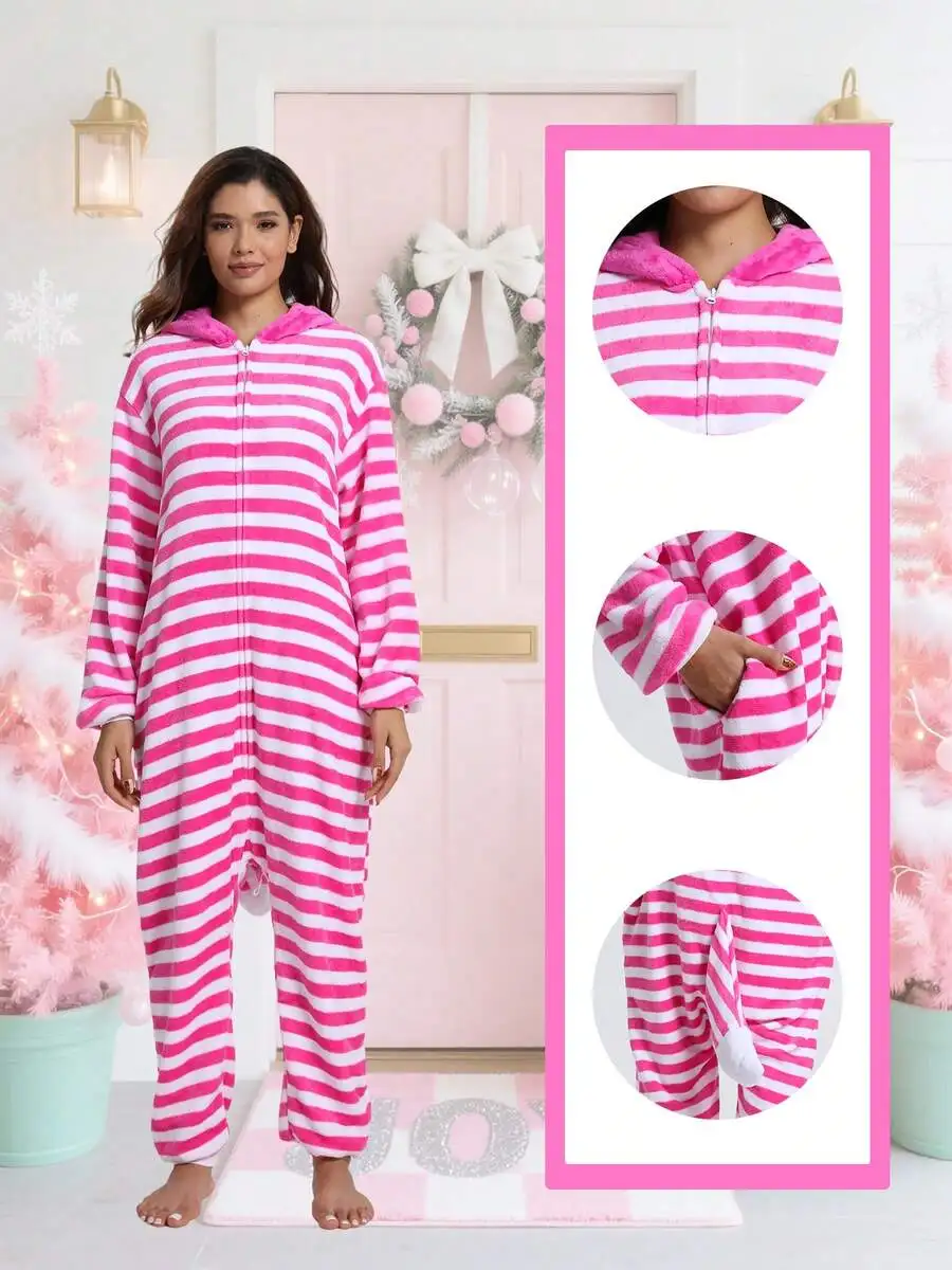 Adult Pink White Striped Fleece Hooded Onesie Pajamas Zipper Front Cozy Loungewear
Adult Pink White Striped Fleece Hooded Onesie Pajamas Zipper Front Cozy Loungewear