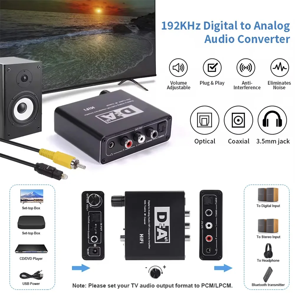 Audio DAC Converter & Headphone Amp with Volume Knob - Optical, Coaxial to RCA & 3.5mm Output
Audio DAC Converter & Headphone Amp with Volume Knob - Optical, Coaxial to RCA & 3.5mm Output