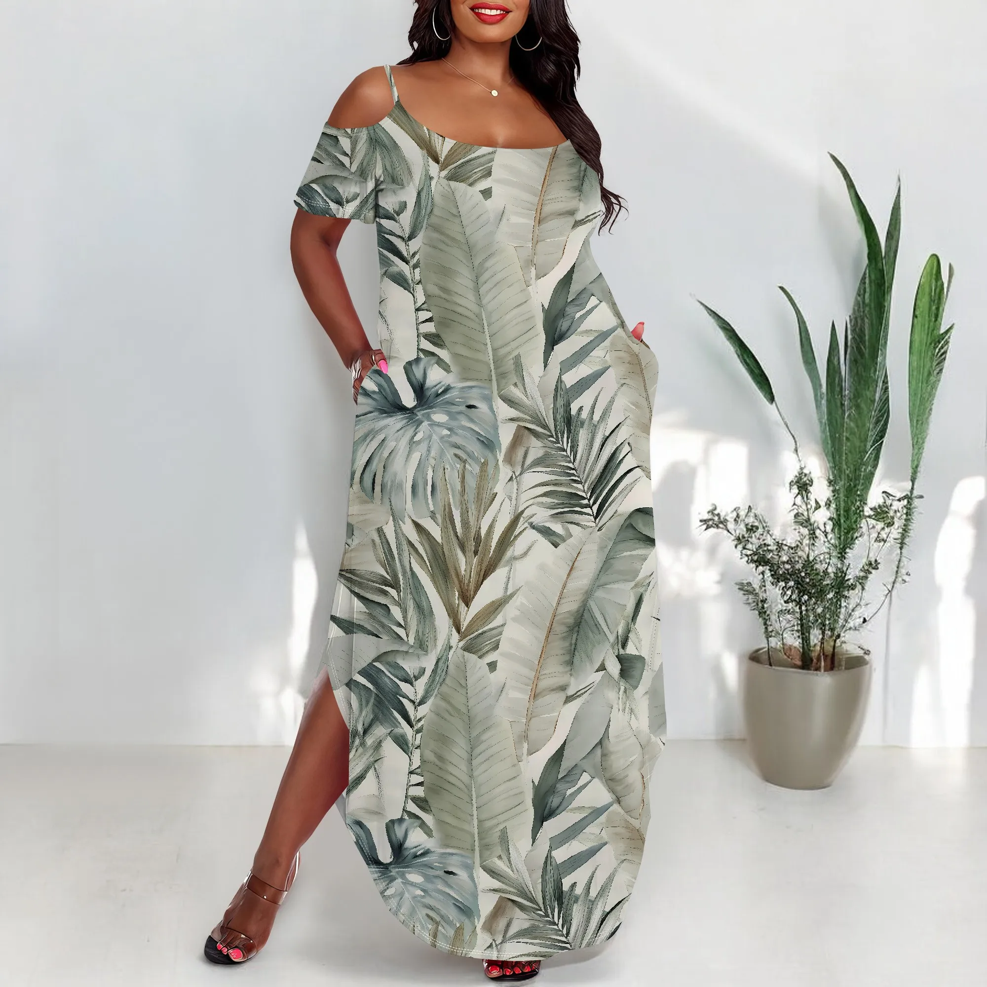 Plus Size Palm Leaf Print Maxi Dress Cold Shoulder Loose Summer Holiday Party Long Dress
Plus Size Palm Leaf Print Maxi Dress Cold Shoulder Loose Summer Holiday Party Long Dress