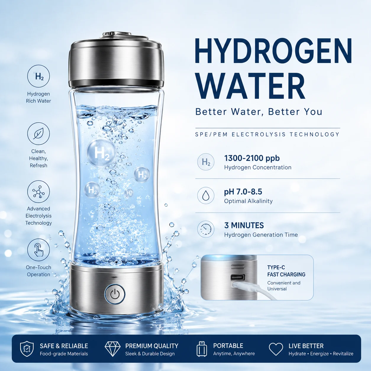 H2Life Molecular Hydrogen Water Bottle, DuPont SPE+PEM Dual Chamber Ionizer with Hydrogen Inhalation Function
H2Life Molecular Hydrogen Water Bottle, DuPont SPE+PEM Dual Chamber Ionizer with Hydrogen Inhalation Function
