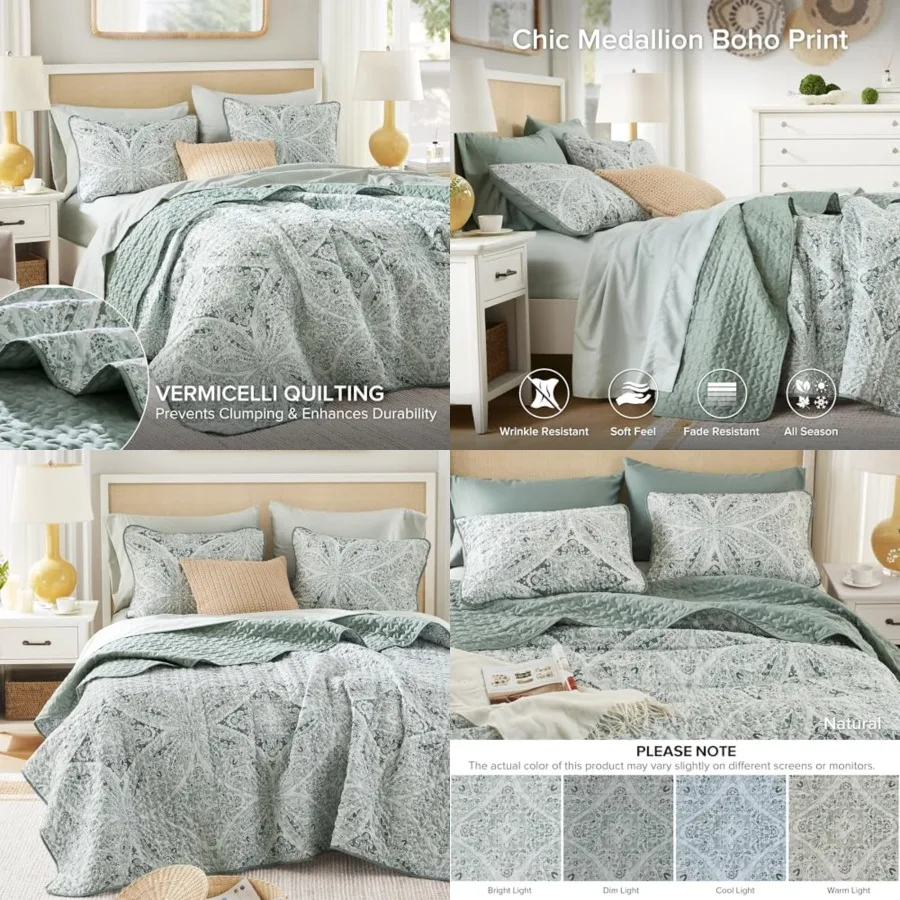Boho Quilt Set Queen Reversible Vermicelli Quilting Queen Size Bed, All Season, Lightweight, Coverlet Winter Layer Bedding, Shams, Gloria, Full/Queen Green 3 Piece
Boho Quilt Set Queen Reversible Vermicelli Quilting Queen Size Bed, All Season, Lightweight, Coverlet Winter Layer Bedding, Shams, Gloria, Full/Queen Green 3 Piece