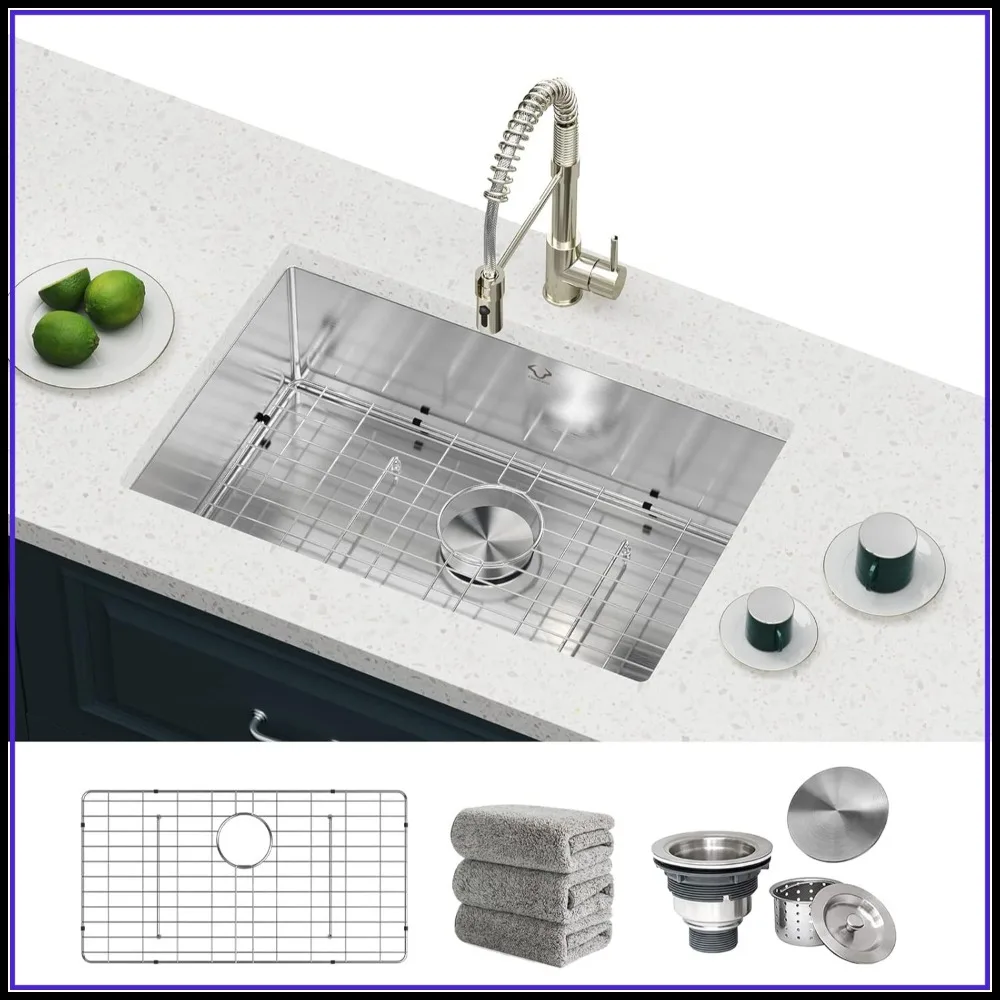 27x18 Inch Undermount Kitchen Sink, 16 Gauge Stainless Steel Single Bowl with Accessories
27x18 Inch Undermount Kitchen Sink, 16 Gauge Stainless Steel Single Bowl with Accessories