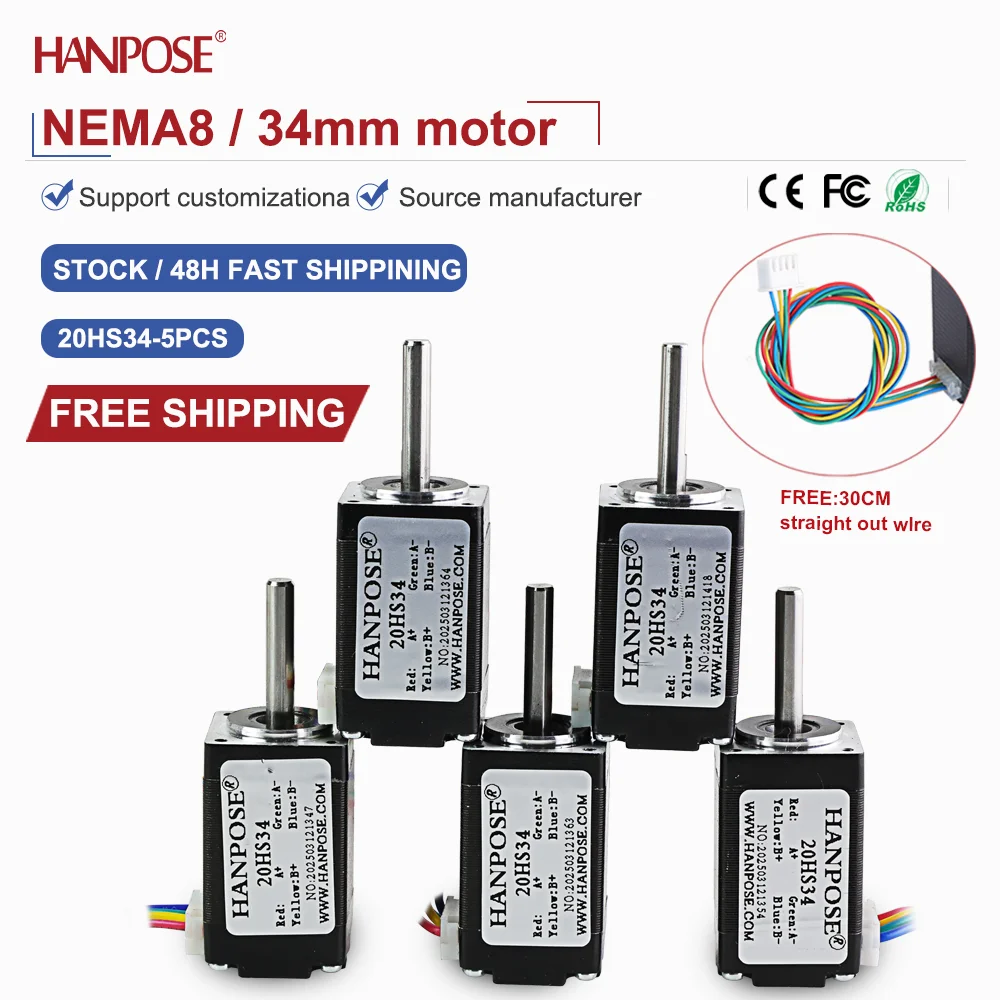 NEMA8 5PCS 20HS34 Miniature Stepper Motor 0.021N. m 0.8A 3D Printing Accessories Motor Manufacturer Direct Sales in Stock
NEMA8 5PCS 20HS34 Miniature Stepper Motor 0.021N. m 0.8A 3D Printing Accessories Motor Manufacturer Direct Sales in Stock