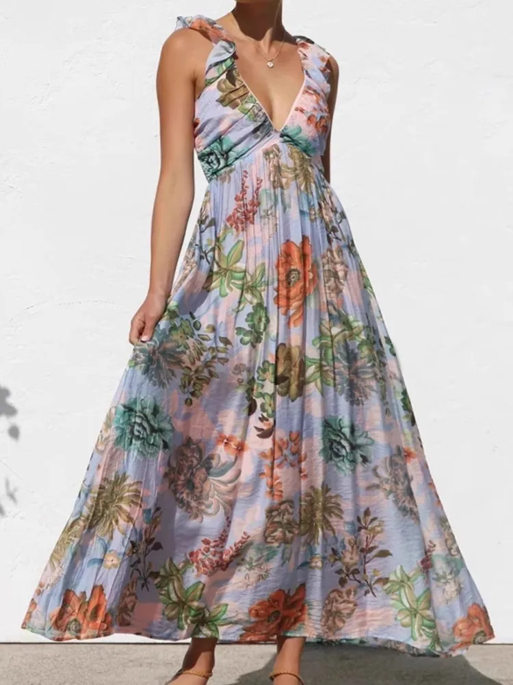 Fashion Flower Print Long Dresses Women V-neck Backless A-line Sleeveless Dress 2025 Summer New Casual Beach Vacation Vestidos
Fashion Flower Print Long Dresses Women V-neck Backless A-line Sleeveless Dress 2025 Summer New Casual Beach Vacation Vestidos
