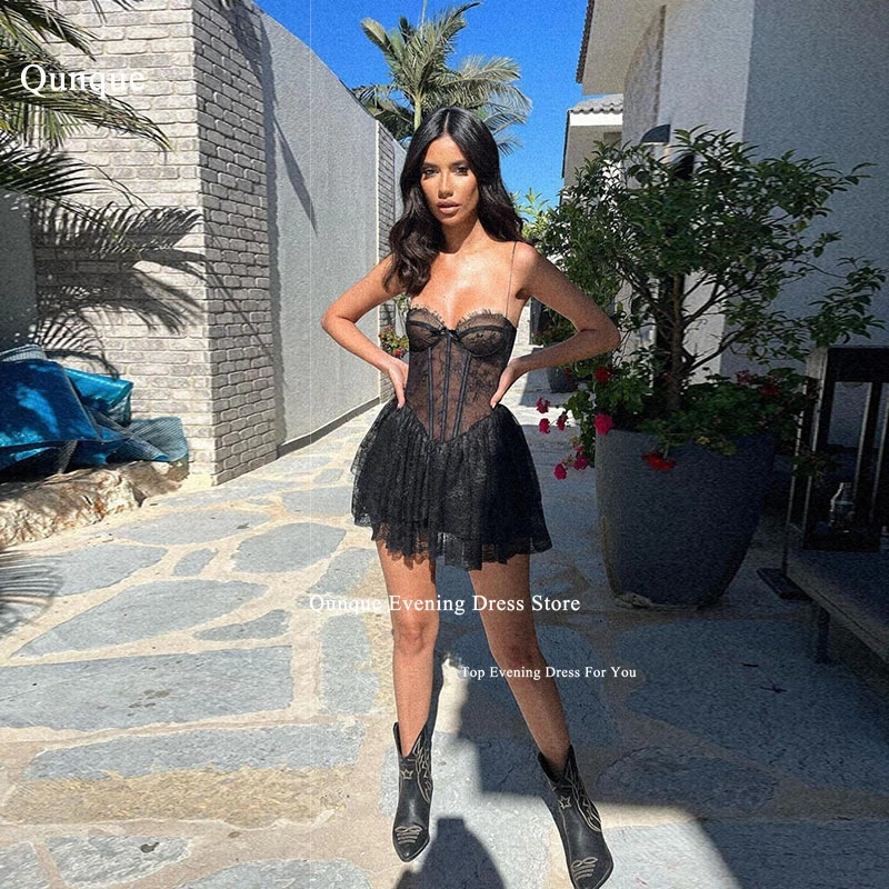 Qunque Sexy Spaghetti Straps Black Prom Dresses Short Sweetheart Cocktail Dress Lace Mini Evening Dresses for Women Customized
Qunque Sexy Spaghetti Straps Black Prom Dresses Short Sweetheart Cocktail Dress Lace Mini Evening Dresses for Women Customized