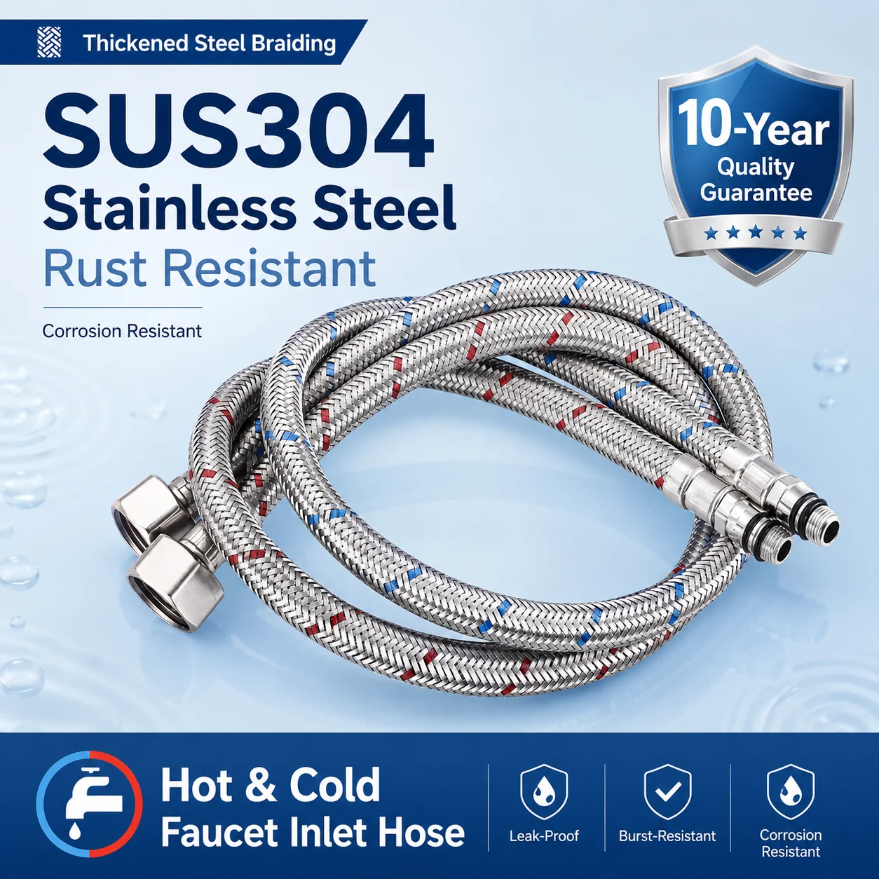 Premium 304 Stainless Steel Braided Faucet Connector Hot Cold Water Supply Hose Burst-Proof Line for Kitchen Bathroom Sink
Premium 304 Stainless Steel Braided Faucet Connector Hot Cold Water Supply Hose Burst-Proof Line for Kitchen Bathroom Sink