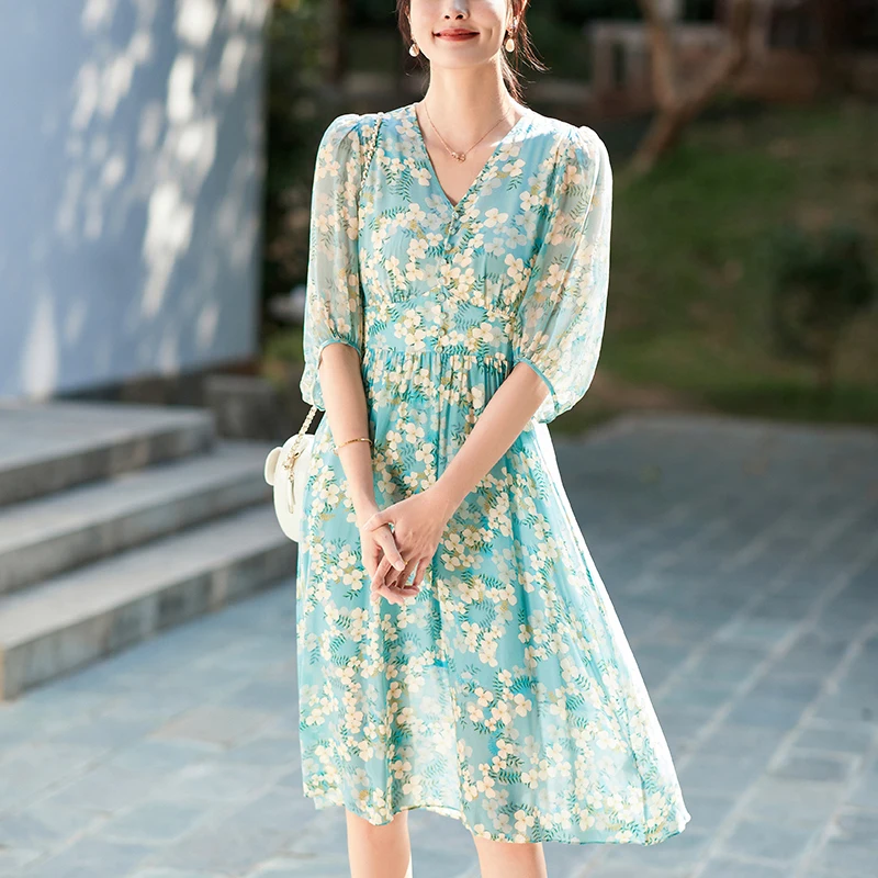 100% Real Silk Women's Floral Print Dress Spring Summer V-neck Elegant Dresses For Women Vintage High Waist Woman Long Dress
100% Real Silk Women's Floral Print Dress Spring Summer V-neck Elegant Dresses For Women Vintage High Waist Woman Long Dress
