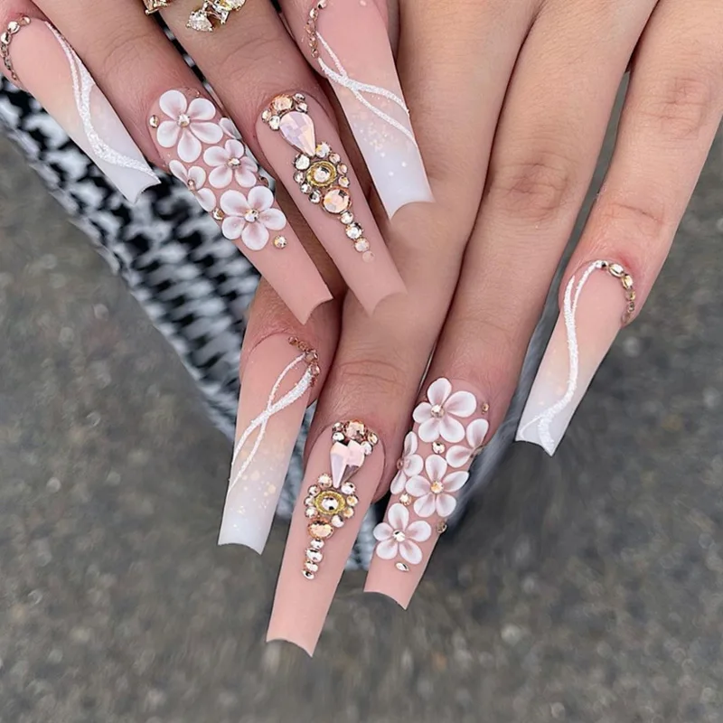 3D fake nails accessories long french coffin tips gradient pink flowers glitter heart diamond faux ongles press on false nails
3D fake nails accessories long french coffin tips gradient pink flowers glitter heart diamond faux ongles press on false nails