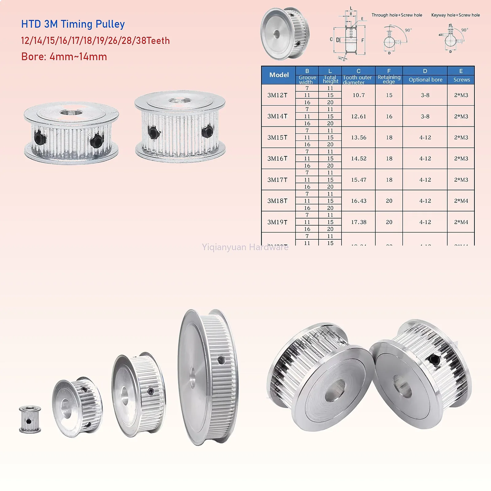 Yiqianyuan 1Piece HTD 3M Timing Pulley 12-38 Teeth Bore 4-14mm AF-Type for 10mm Width Timing Belt
Yiqianyuan 1Piece HTD 3M Timing Pulley 12-38 Teeth Bore 4-14mm AF-Type for 10mm Width Timing Belt