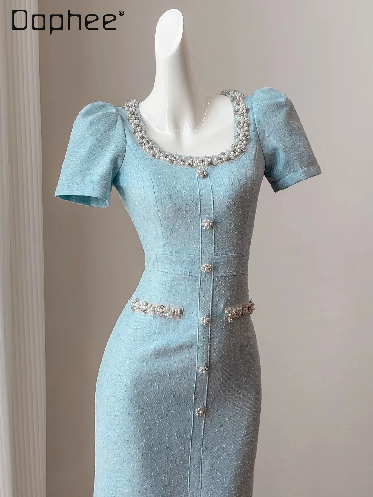 Heavy Industry Beaded Pearl Square Neck Short-sleeved Dress High-end Socialite Evening Dresses Retro A-line Tweed Dress Women
Heavy Industry Beaded Pearl Square Neck Short-sleeved Dress High-end Socialite Evening Dresses Retro A-line Tweed Dress Women