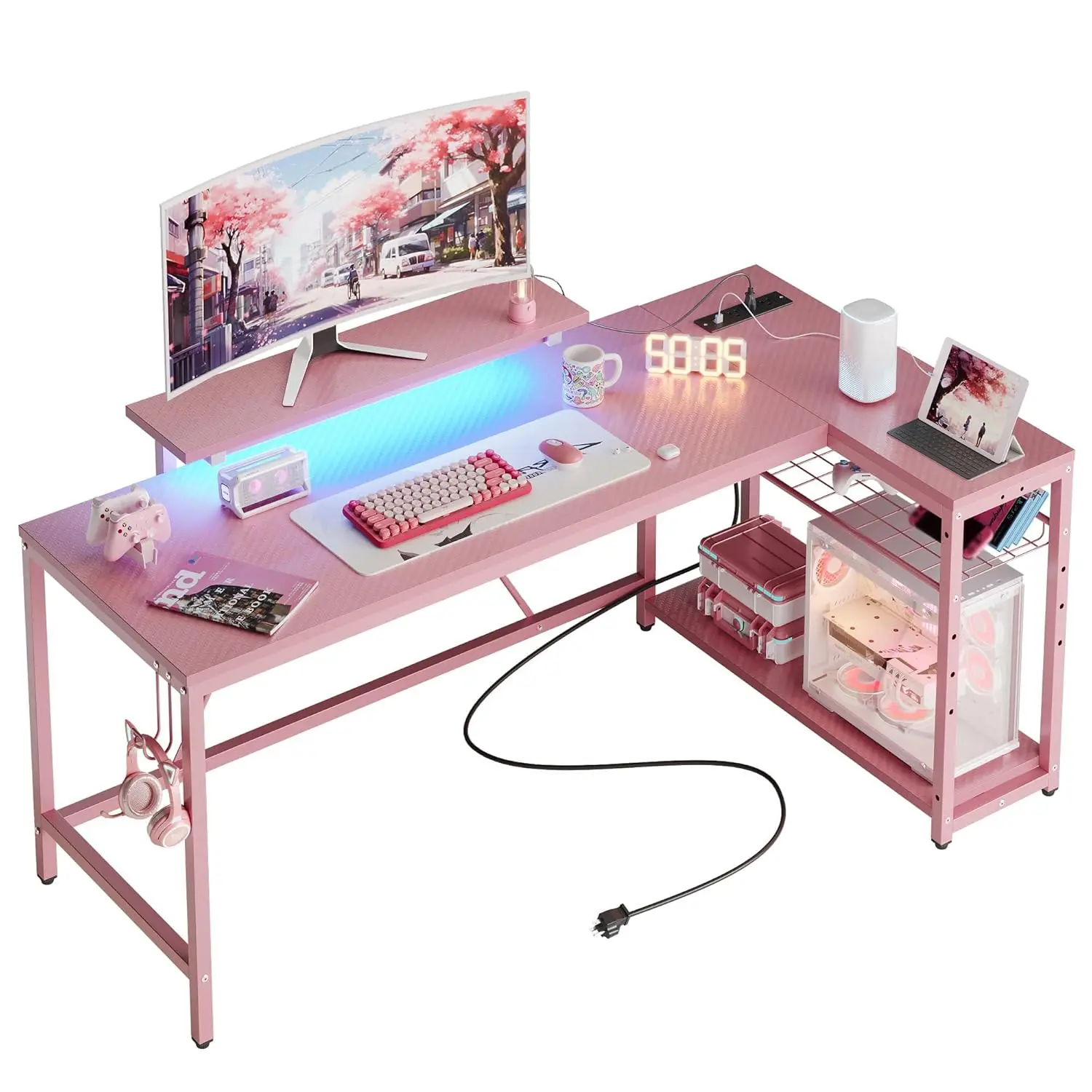L Shaped Gaming Desk with Power Outlets,58 LED Small Corner Desk with Reversible Storage Shelves,Pink Computer Desk, Customized
L Shaped Gaming Desk with Power Outlets,58 LED Small Corner Desk with Reversible Storage Shelves,Pink Computer Desk, Customized