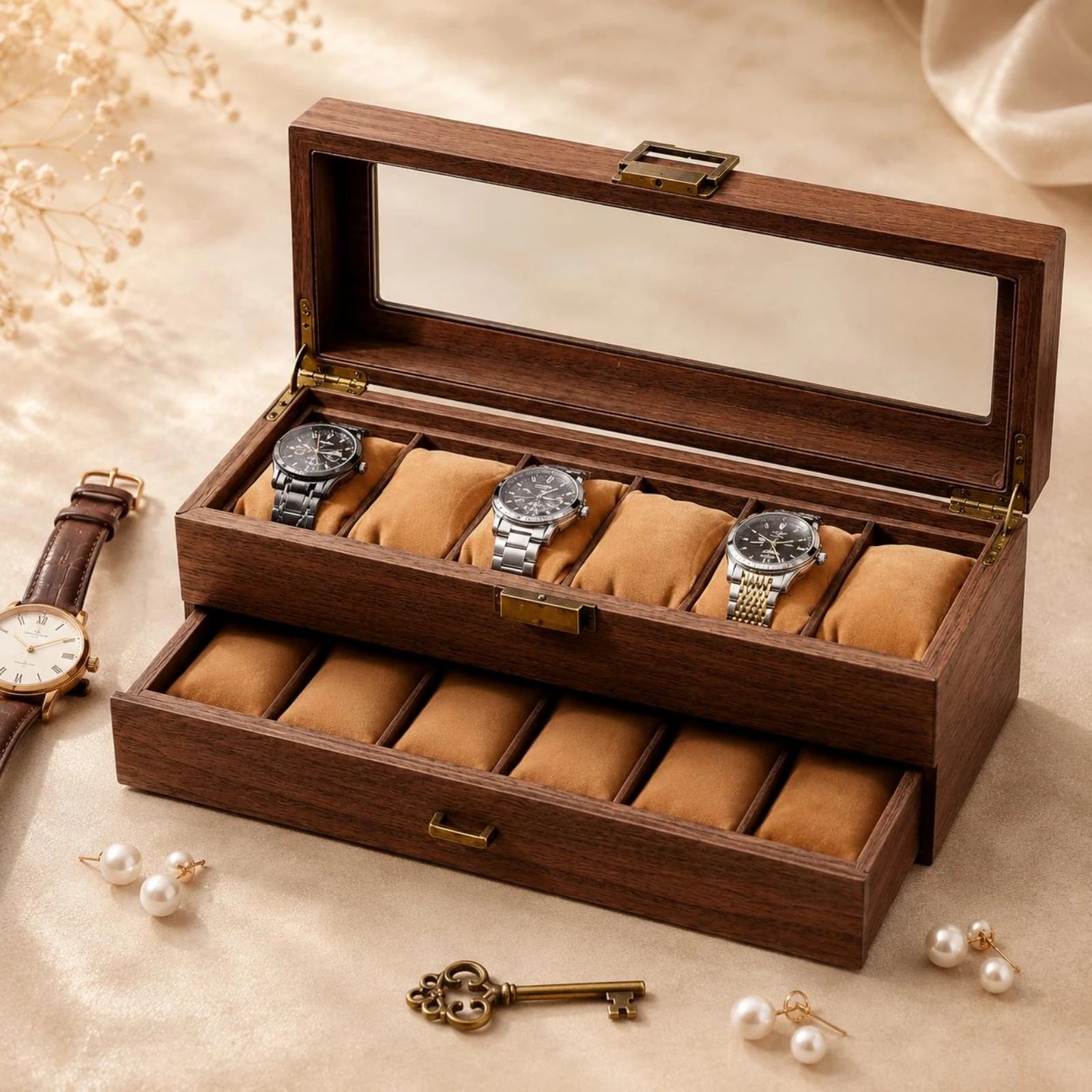 Watch and Jewelry Box Pull-out Drawer Double-Layer Watch Box Divided Compartments Metal Latch
Watch and Jewelry Box Pull-out Drawer Double-Layer Watch Box Divided Compartments Metal Latch