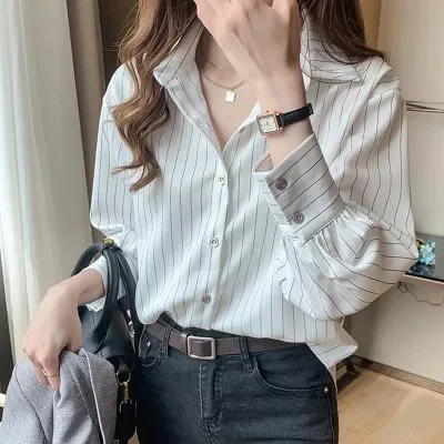 Women Vertical Striped Lapel Button Down Shirt Cuffed Puff Long Sleeve Loose Fit Casual Office Blouse Formal Daily Wear
Women Vertical Striped Lapel Button Down Shirt Cuffed Puff Long Sleeve Loose Fit Casual Office Blouse Formal Daily Wear