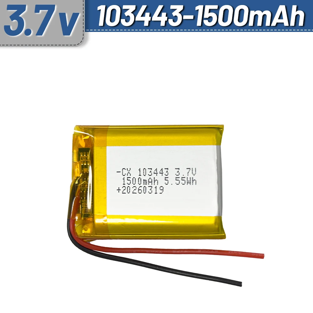 Rechargeable Li-Polymer Battery 103443 1500mAh 3.7V with JST1.25mm PH2.0mm XH2.54mm Plug Compatible with 603443 703443 803443 Mo
Rechargeable Li-Polymer Battery 103443 1500mAh 3.7V with JST1.25mm PH2.0mm XH2.54mm Plug Compatible with 603443 703443 803443 Mo