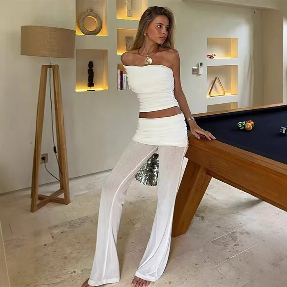 Women's One Shoulder Top Long Pants Set White Strapless Ruched Crop Top And Mesh Flare Pants Two Piece Set Out Party Outfit LNBK
Women's One Shoulder Top Long Pants Set White Strapless Ruched Crop Top And Mesh Flare Pants Two Piece Set Out Party Outfit LNBK