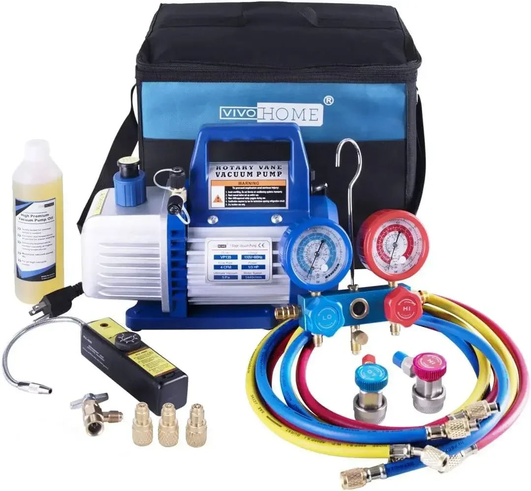VIVOHOME 110V 1/3 HP 4CFM Single Stage Rotary Vane Air Vacuum Pump and R134a AC Manifold Gauge Set Kit with Leak Detector Carry
VIVOHOME 110V 1/3 HP 4CFM Single Stage Rotary Vane Air Vacuum Pump and R134a AC Manifold Gauge Set Kit with Leak Detector Carry