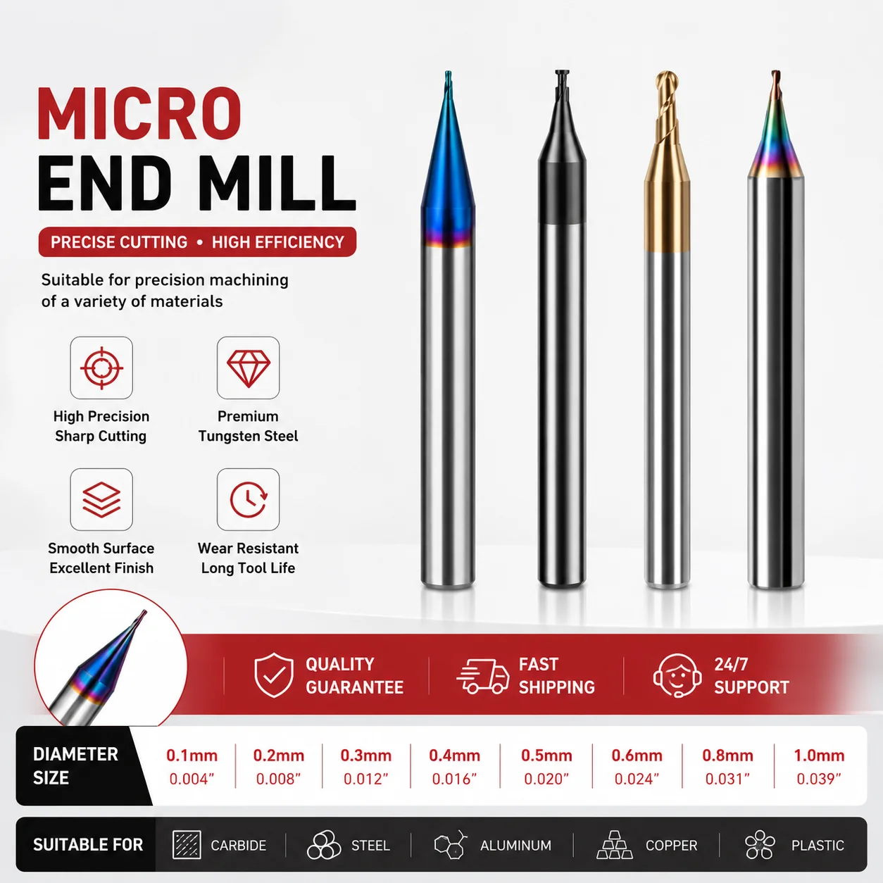 Micro Carbide Flat End Mill 0.2-0.9mm DLC CNC Engraving Bit HRC55-65 Square Milling Cutter Precision Cutting
Micro Carbide Flat End Mill 0.2-0.9mm DLC CNC Engraving Bit HRC55-65 Square Milling Cutter Precision Cutting
