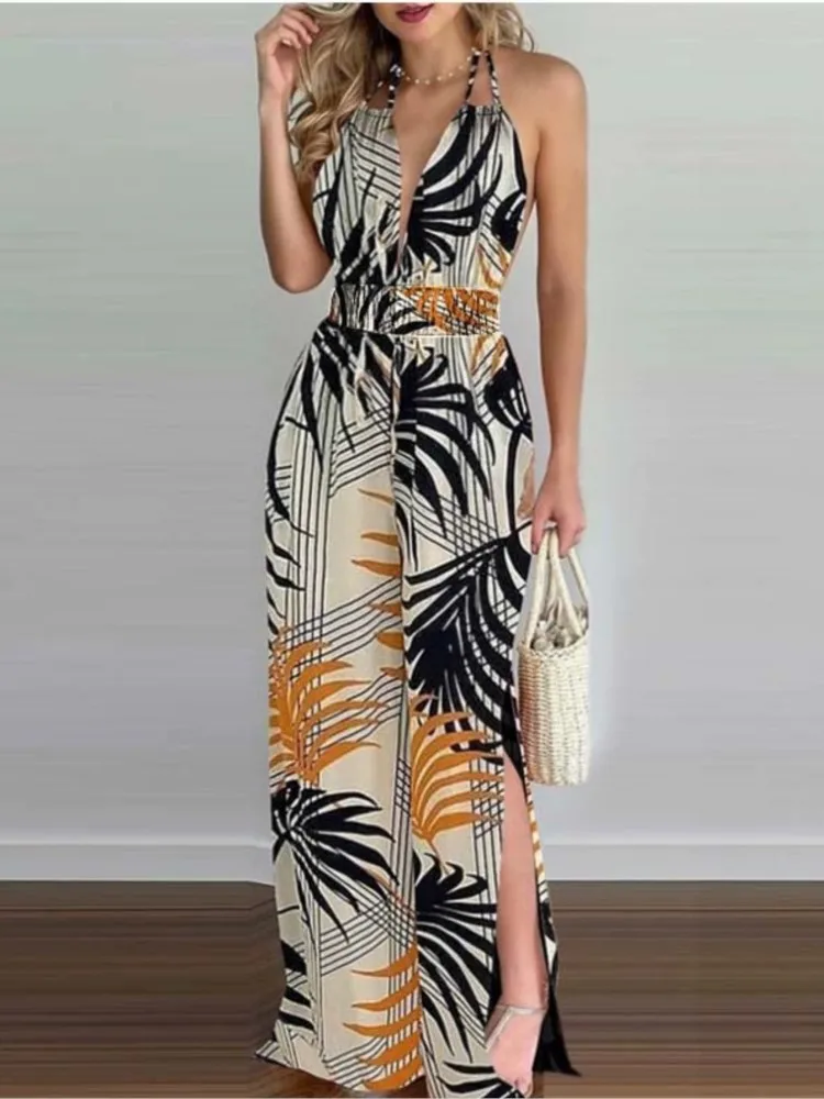 Women's Spring Summer New Fashionable Printed Sexy Deep V-neck Hanging Neck Bareback Waist Split Jumpsuit For Women
Women's Spring Summer New Fashionable Printed Sexy Deep V-neck Hanging Neck Bareback Waist Split Jumpsuit For Women
