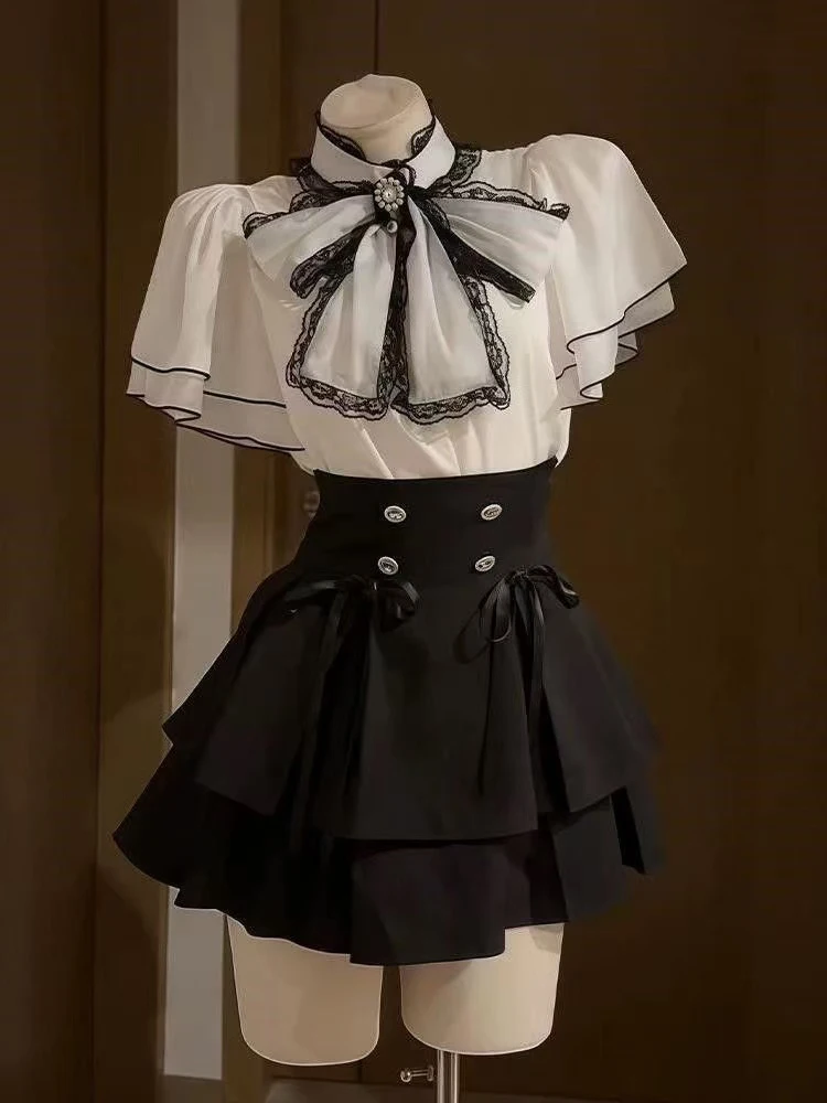Japanese Lolita Bow Chiffon Blouse Suit Women Y2K Gothic Lace Patchwork Streetwear Mini Skirts Sweet Preppy Splicing 2 Piece Set
Japanese Lolita Bow Chiffon Blouse Suit Women Y2K Gothic Lace Patchwork Streetwear Mini Skirts Sweet Preppy Splicing 2 Piece Set