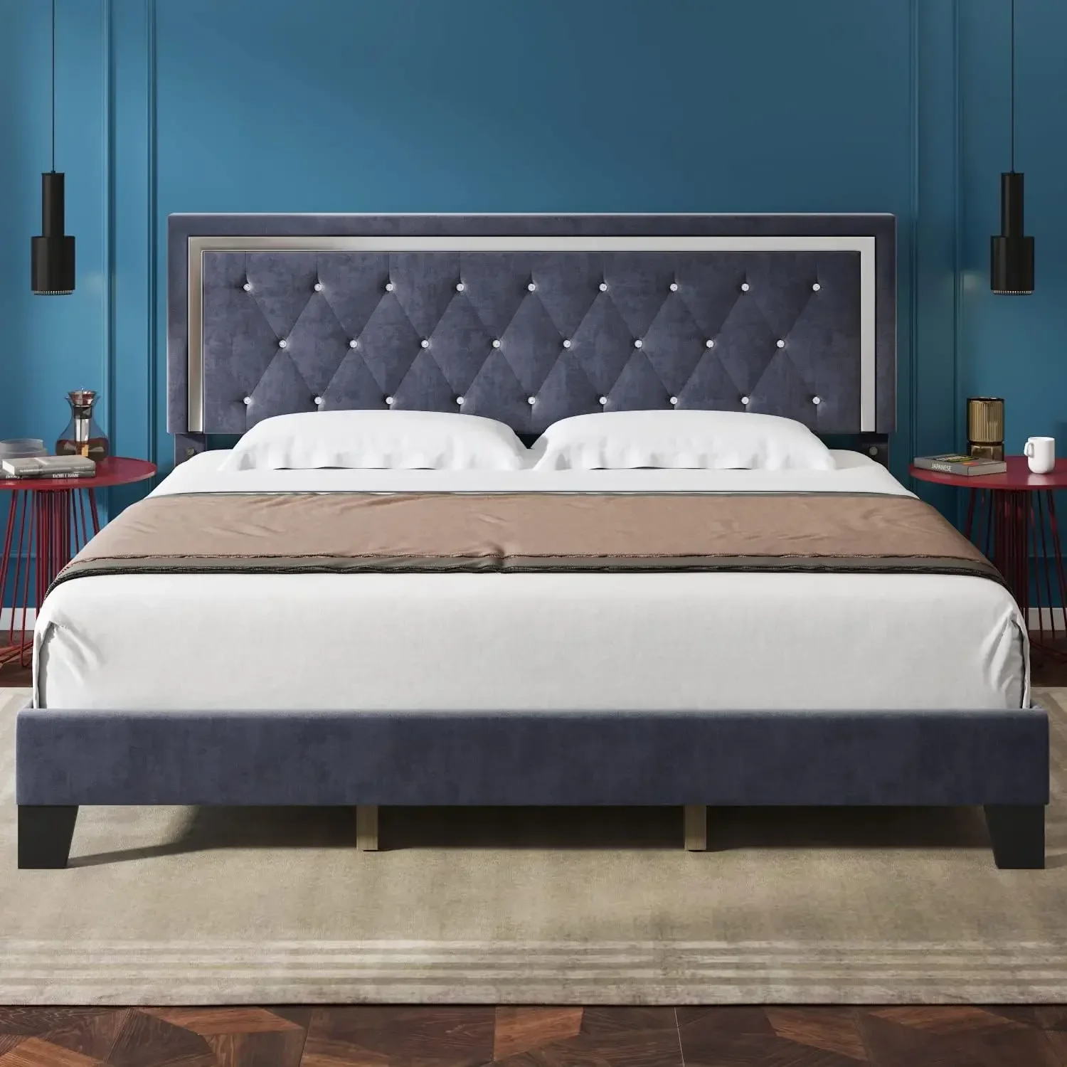 King Bed Frame, Upholstered Platform Bed Frame with Modern Adjustable Headboard, Diamond Tufted Mattress
King Bed Frame, Upholstered Platform Bed Frame with Modern Adjustable Headboard, Diamond Tufted Mattress