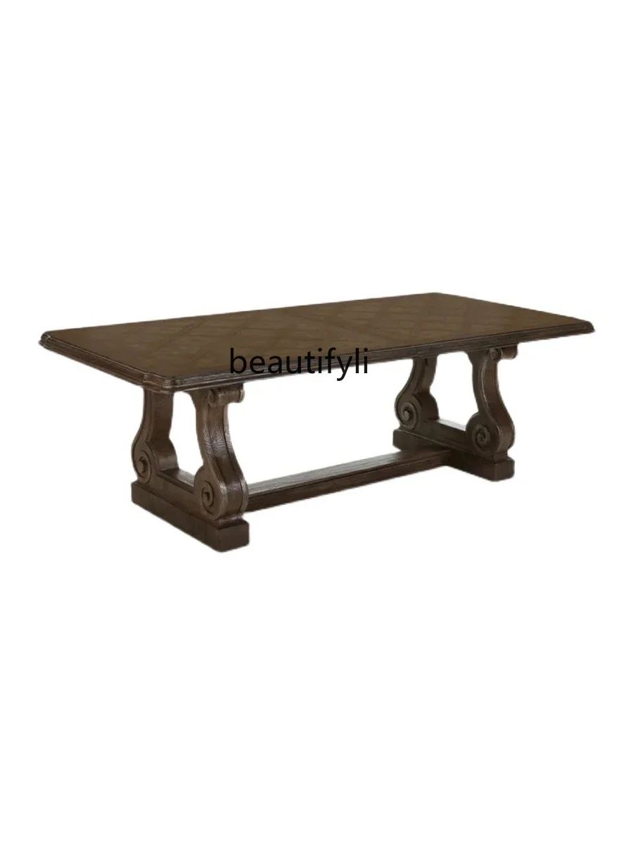 FAmerican solid wood dining table, retro black walnut color large long table rectangular villa high-end furniture
FAmerican solid wood dining table, retro black walnut color large long table rectangular villa high-end furniture