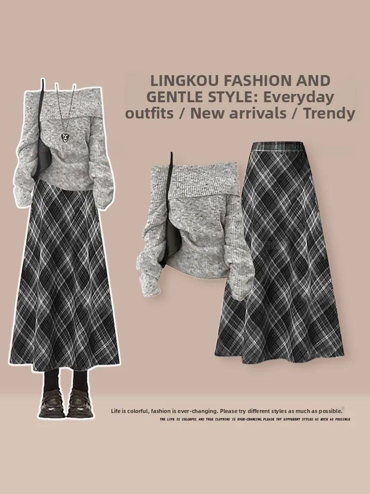 Fall Season Knitted Two-Piece Set Women's One-Shoulder Spicy Style High Waist Plaid Skirt Midi Dress Casual Fashion
Fall Season Knitted Two-Piece Set Women's One-Shoulder Spicy Style High Waist Plaid Skirt Midi Dress Casual Fashion