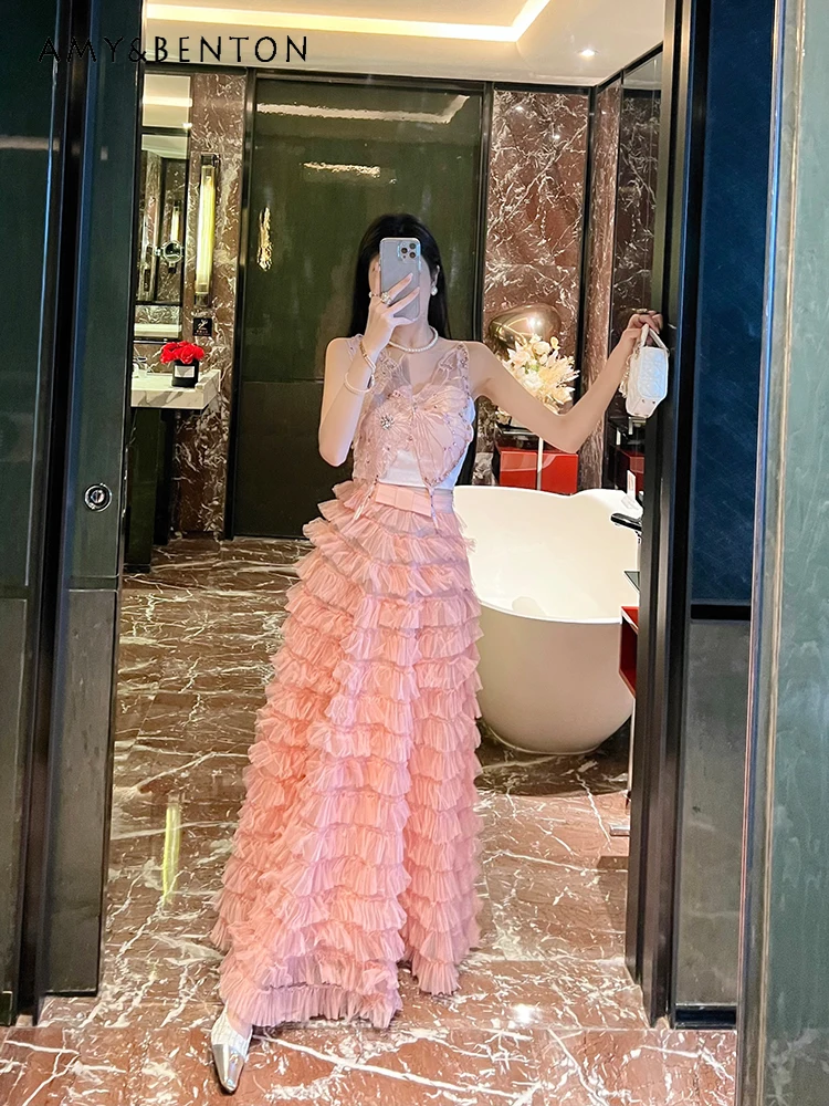 French High Sense Sweet Elegant Embroidery Bow Slim Vest Midi Cake Skirts Two-Piece Set Sexy Sweet Graceful Evening Outfit Women
French High Sense Sweet Elegant Embroidery Bow Slim Vest Midi Cake Skirts Two-Piece Set Sexy Sweet Graceful Evening Outfit Women
