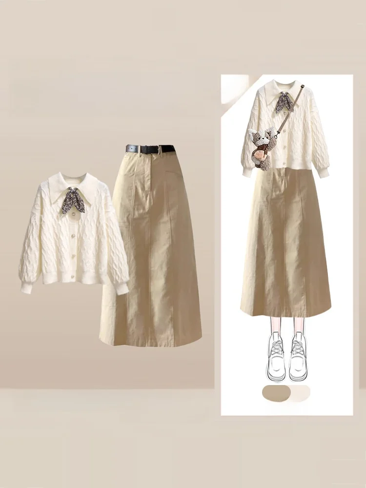 Winter Knitted Sweater And High Waist Skirt Set for Women with Bow Tie Light Maturity Style Two Piece Ensemble
Winter Knitted Sweater And High Waist Skirt Set for Women with Bow Tie Light Maturity Style Two Piece Ensemble