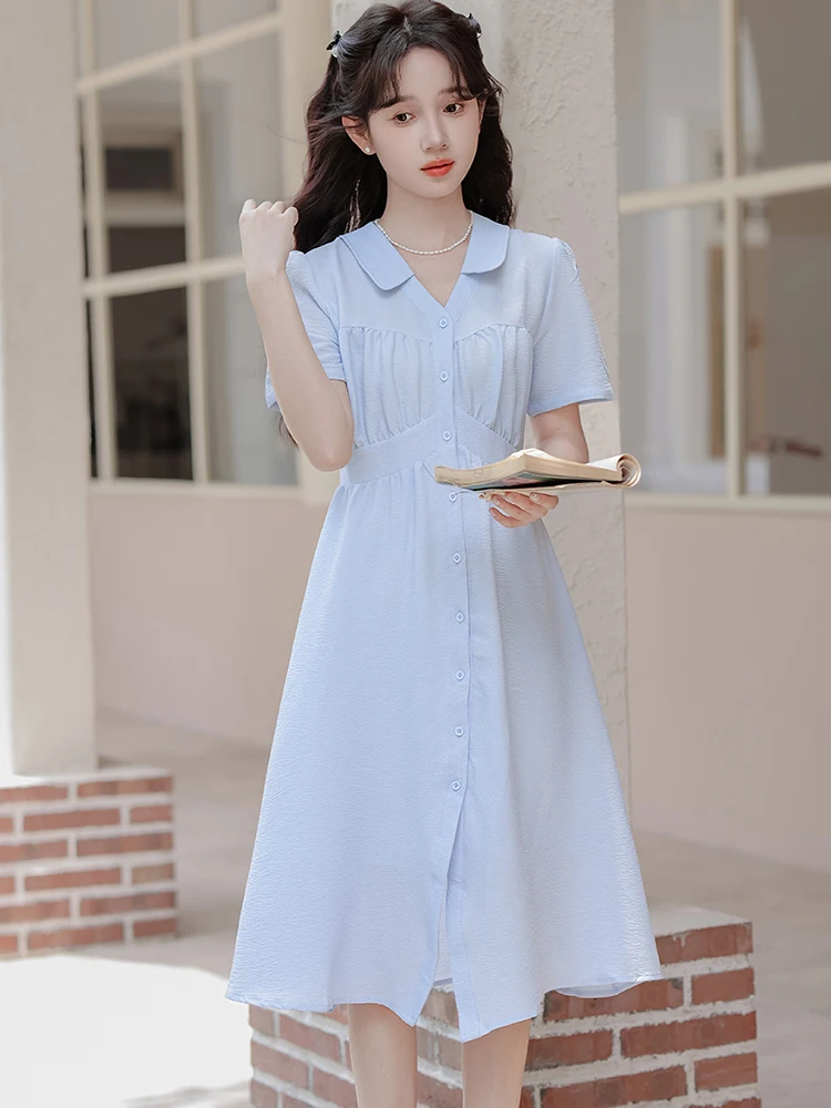 Women Blue Short Sleeve Polo Collar Shirt Dress Summer Elegant Bodycon Single Breasted Dress 2025 Korean Fashion Chic Prom Dress
Women Blue Short Sleeve Polo Collar Shirt Dress Summer Elegant Bodycon Single Breasted Dress 2025 Korean Fashion Chic Prom Dress