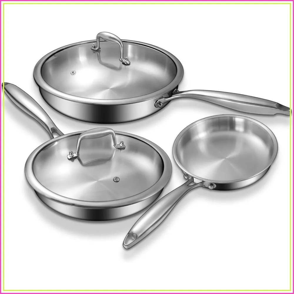 Tri-Ply Stainless Steel Frying Pans Set with Lids, 8/10/12 Inch, PFOA & PTFE Free, Induction Ready, Oven & Dishwasher Safe
Tri-Ply Stainless Steel Frying Pans Set with Lids, 8/10/12 Inch, PFOA & PTFE Free, Induction Ready, Oven & Dishwasher Safe