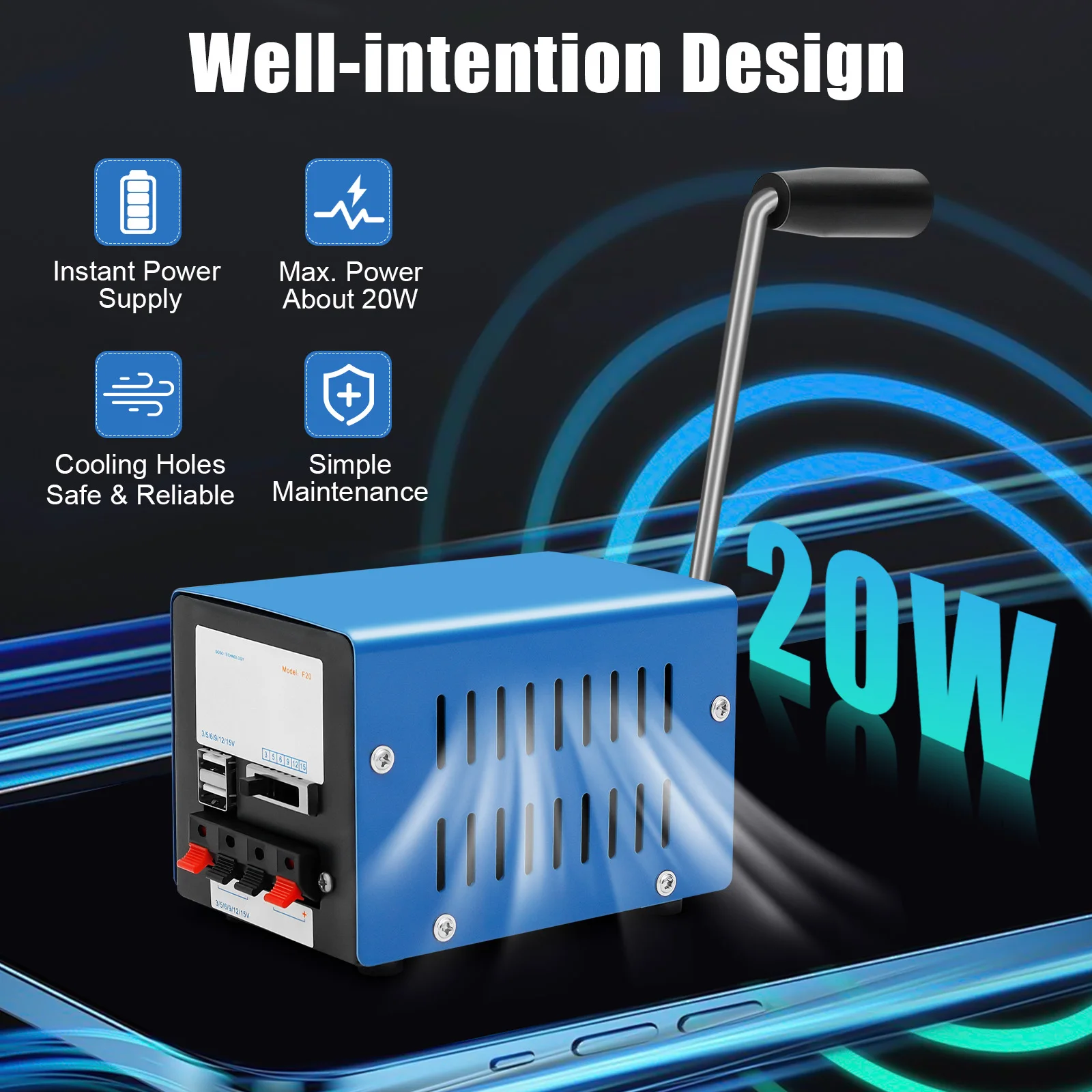 20W Portable Manual Crank Generator,Hand Crank Generator for Laptops,Cell Phones,Video Cameras,Emergency Power Source
20W Portable Manual Crank Generator,Hand Crank Generator for Laptops,Cell Phones,Video Cameras,Emergency Power Source