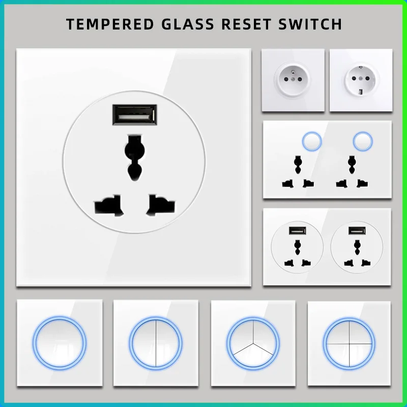 Luxury All Tempered Glass Wall Light Switch Button White UK Plug 13A Universal Wall Socket with Usb ,220V1gang2way Speed Switch
Luxury All Tempered Glass Wall Light Switch Button White UK Plug 13A Universal Wall Socket with Usb ,220V1gang2way Speed Switch