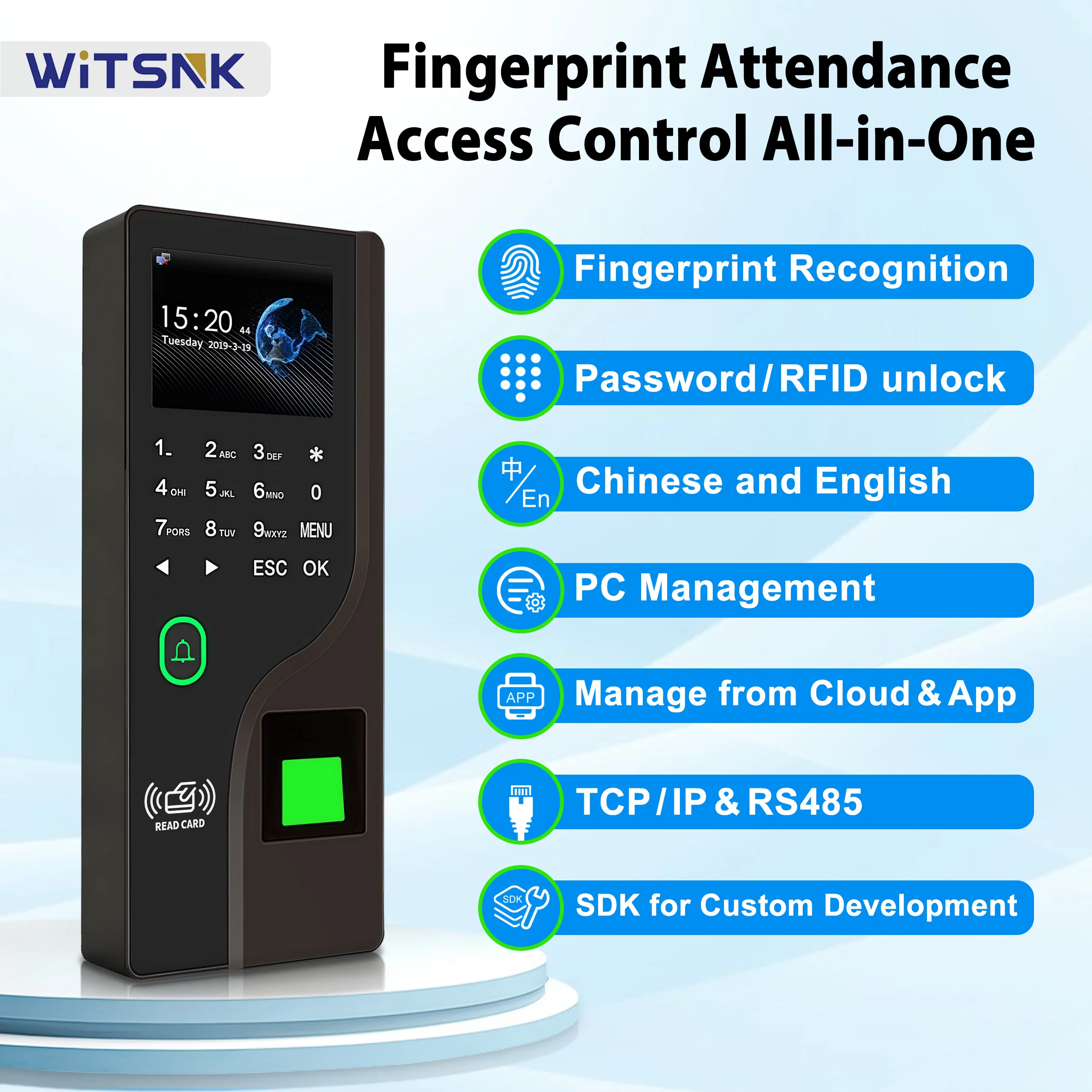 2.4 Fingerprint Attendance software APP Cloud Password RFID Access control fingerprint scanner employee fingerprint attendance
2.4 Fingerprint Attendance software APP Cloud Password RFID Access control fingerprint scanner employee fingerprint attendance