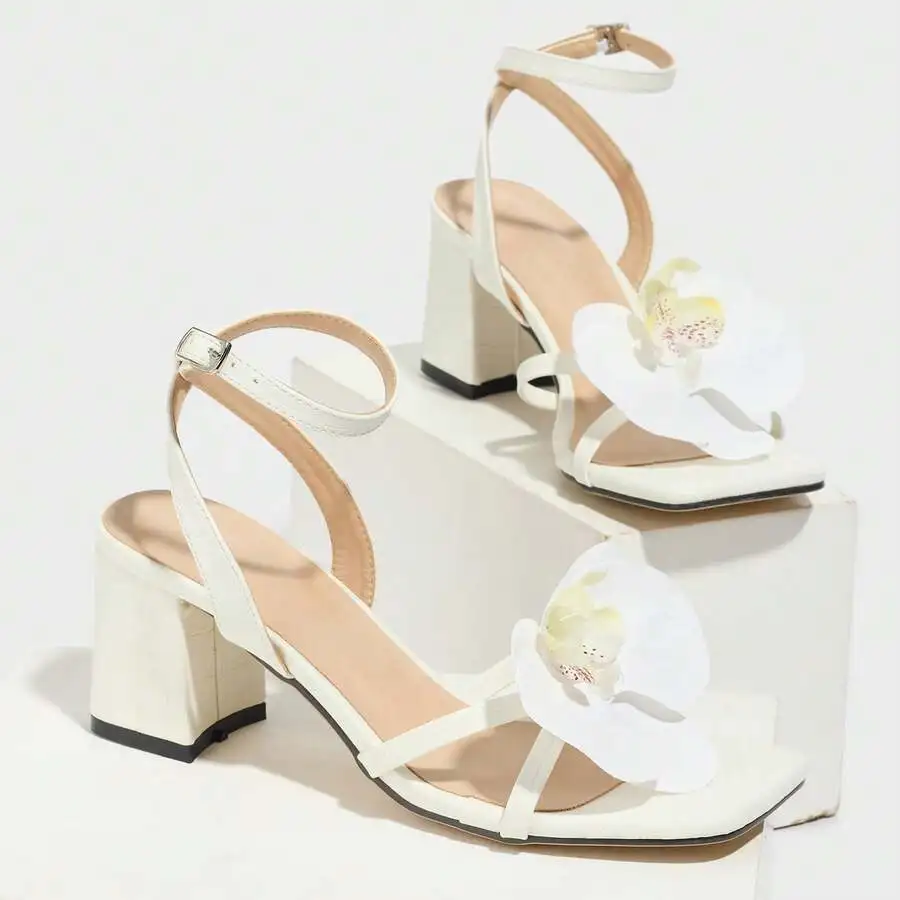 White Square Toe Block Heels With 3D Orchid Flower Sandals For Wedding Party
White Square Toe Block Heels With 3D Orchid Flower Sandals For Wedding Party
