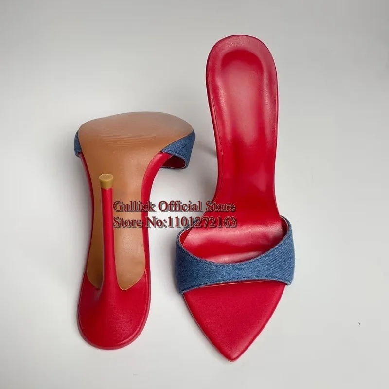 Sexy Pointed Toe High Heel Mules Shoes Blue Denim Patchwork Red Inside Cover Heels Women Slippers Plus Size45
Sexy Pointed Toe High Heel Mules Shoes Blue Denim Patchwork Red Inside Cover Heels Women Slippers Plus Size45