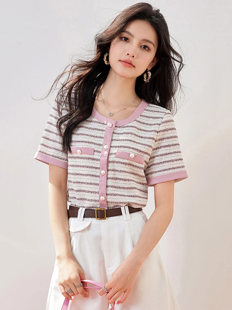 2025 Summer New Striped T-shirts Women's Sweet Short Sleeve O-neck T-shirt Korean Casual Loose Female Tops
2025 Summer New Striped T-shirts Women's Sweet Short Sleeve O-neck T-shirt Korean Casual Loose Female Tops
