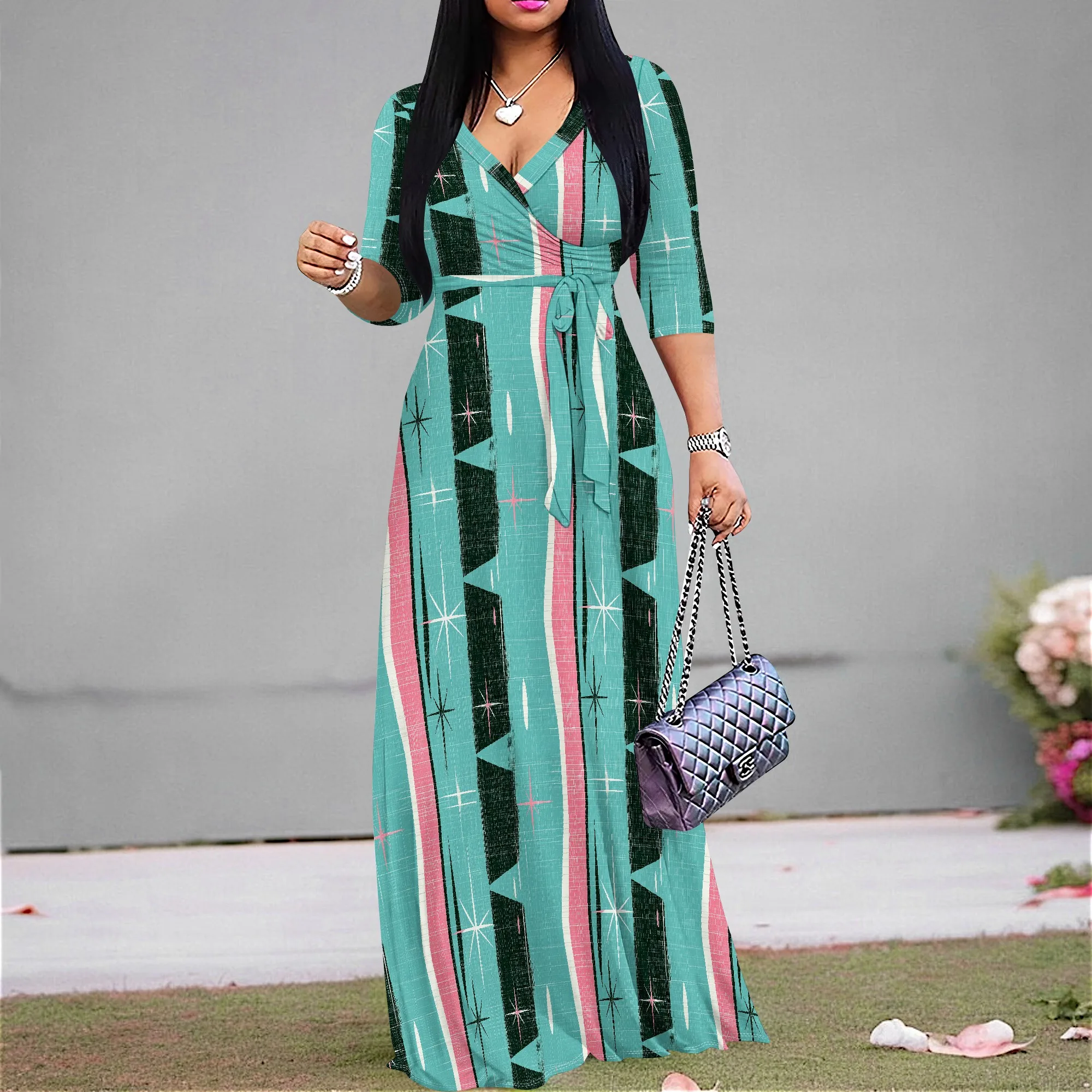 Vintage Atomic Star Print Wrap Dress S-3XL, Teal Pink Belted Maxi for Spring Parties or Retro Fashion Looks
Vintage Atomic Star Print Wrap Dress S-3XL, Teal Pink Belted Maxi for Spring Parties or Retro Fashion Looks