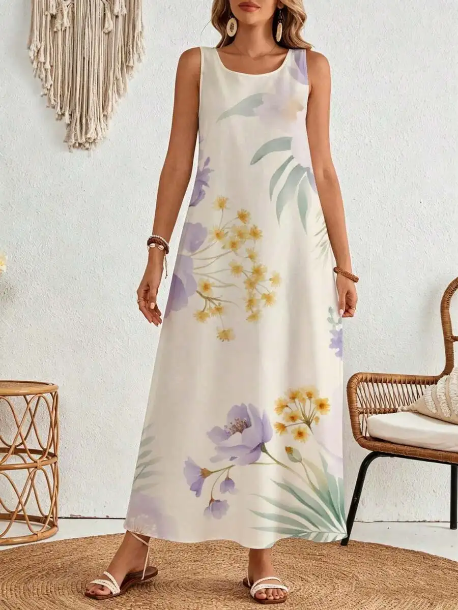 Floral Print Sleeveless Maxi Dress Cream Purple Yellow Boho Summer Beach Wear
Floral Print Sleeveless Maxi Dress Cream Purple Yellow Boho Summer Beach Wear