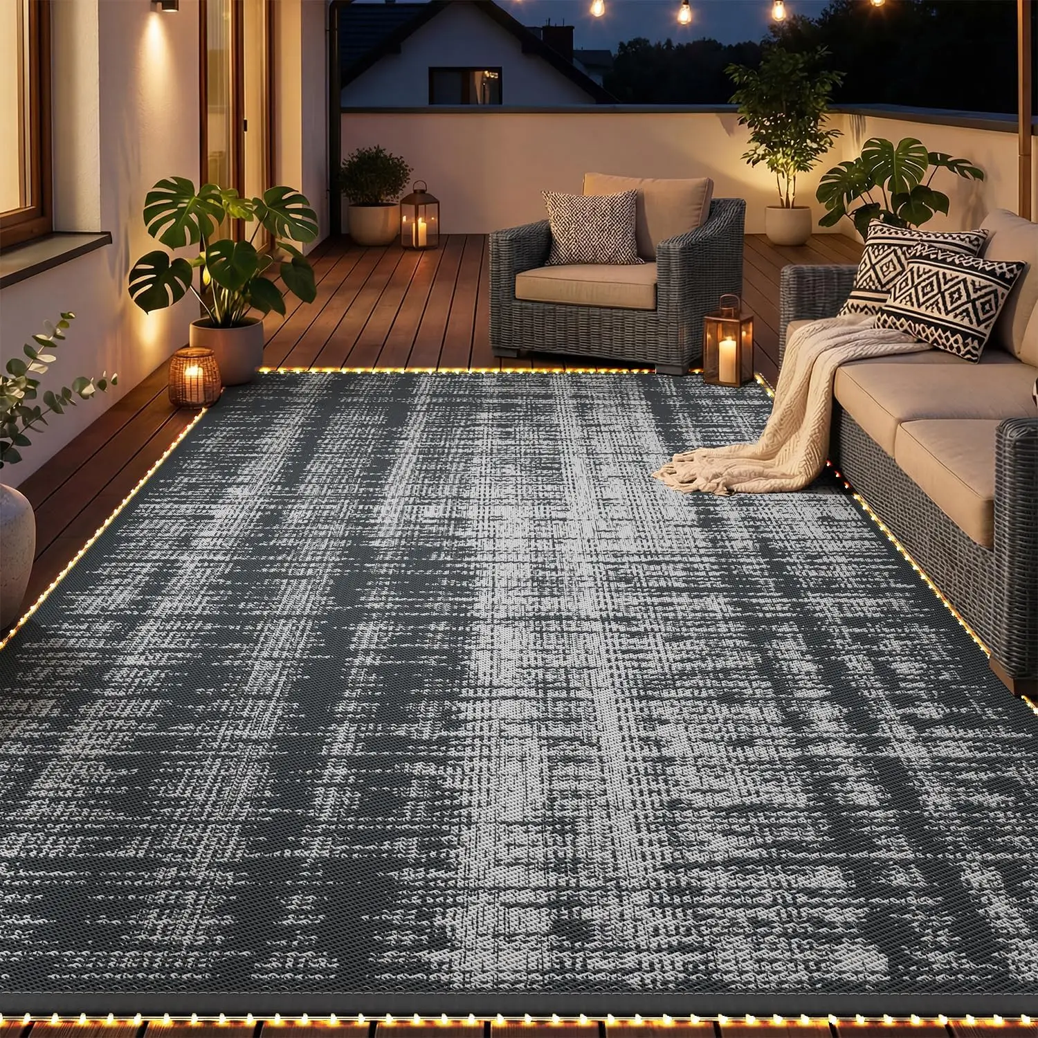 8x10 ft Outdoor Rug with Strip Lights - Waterproof Reversible Mat for Patio, Camping, RV
8x10 ft Outdoor Rug with Strip Lights - Waterproof Reversible Mat for Patio, Camping, RV