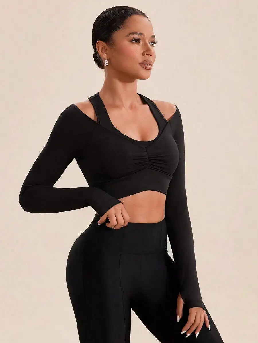 Womens Solid Black Long Sleeve Fitted Sports Top With Ruching Detail
Womens Solid Black Long Sleeve Fitted Sports Top With Ruching Detail